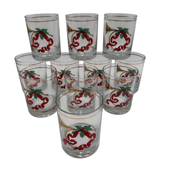Vintage DOF French Horns Low Ball Double Old Fashioned Christmas Glasses Set/6 - Picture 3 of 5